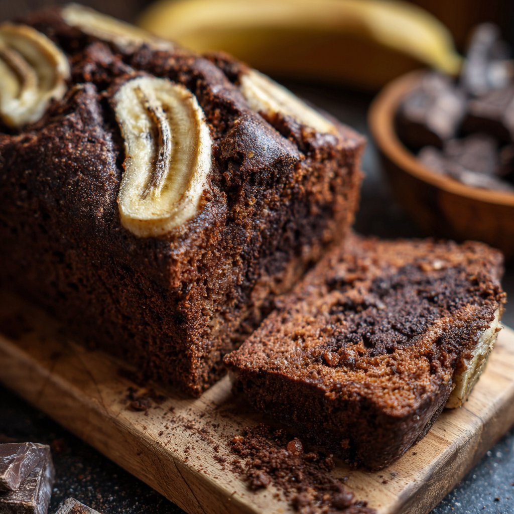 Bananenbrot mit Kakao und Banane