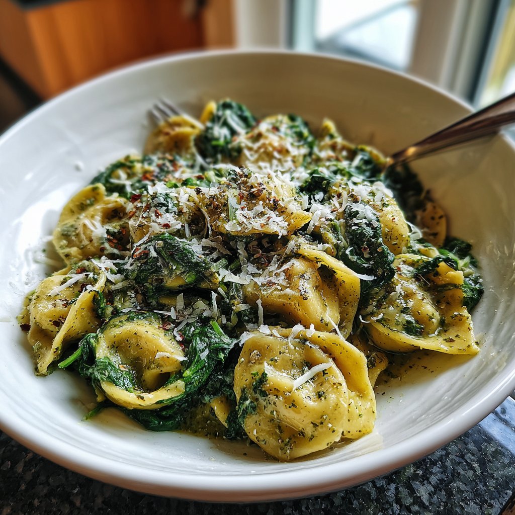 Mittagessen mit Nudeln und Spinat