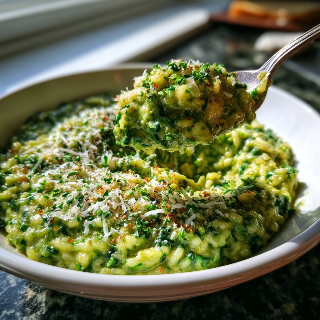 Abendessen mit cremigem Spinatrisotto